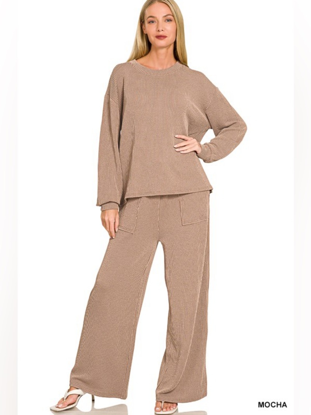 116 NWT Zenana 2pc Cocoa Raised Rib Round Neck Pullover & Pants Set - Picture 3 of 3